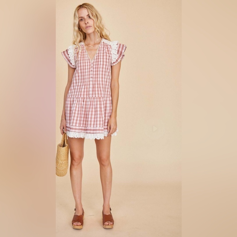 Hunter Bell Virginia Gingham Check Flutter Sleeve Mini Dress SZ L Rosette Check